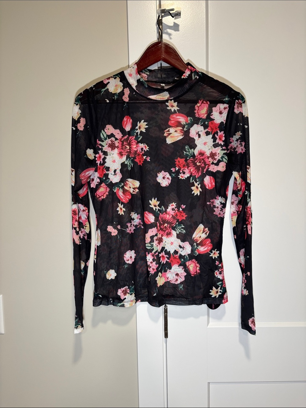Floral Shear Mesh Long-Sleeve Top - Black/Pink